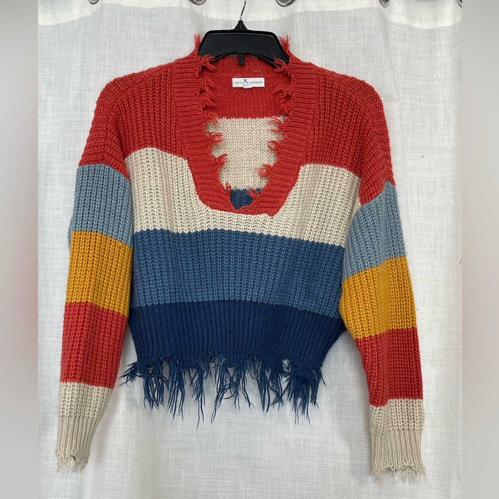 Coco + Jaimeson cropped fringed boho sweater sm